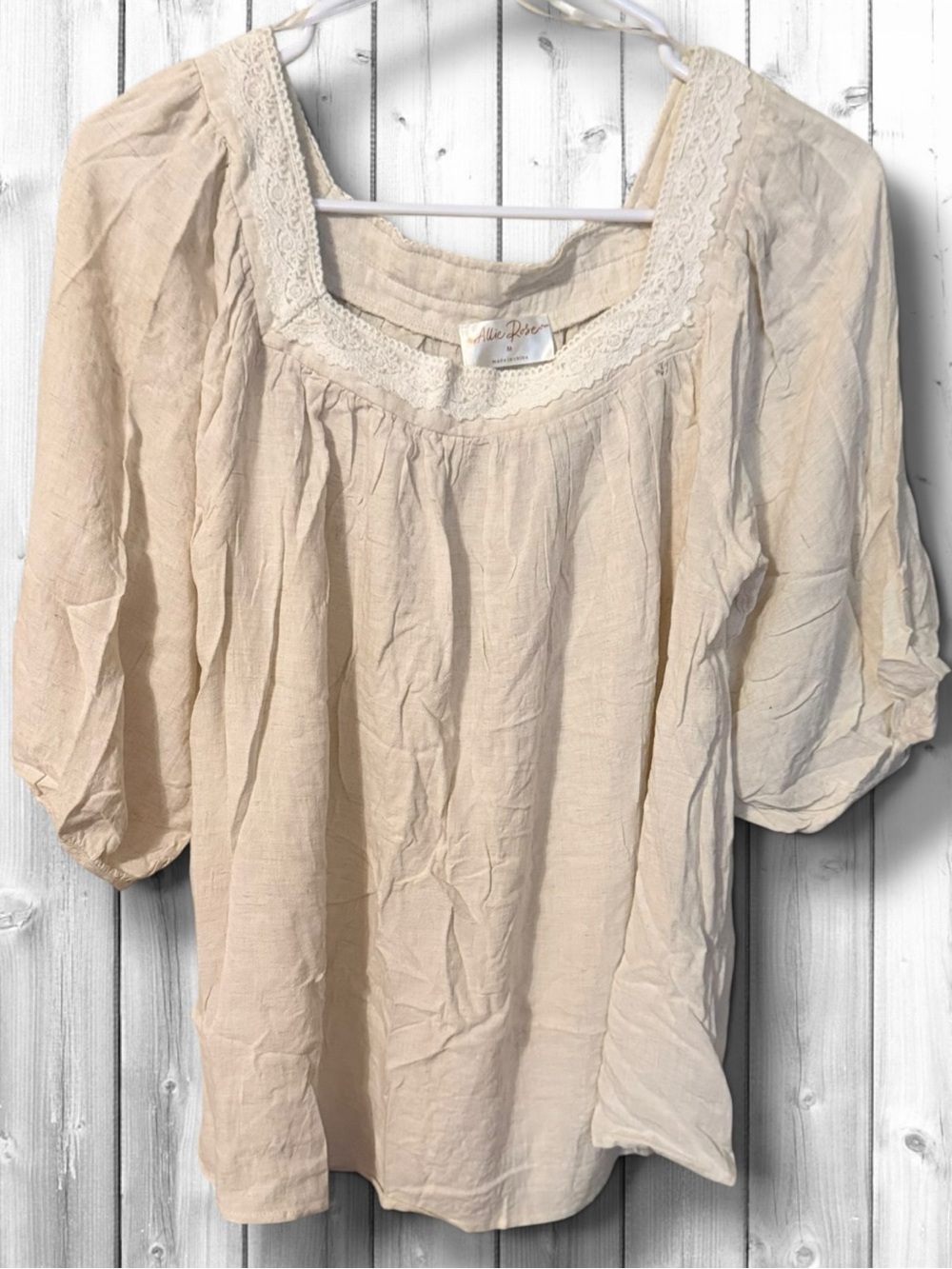 🌼Allie Rose Beige Lace-Trim Peasant Blouse